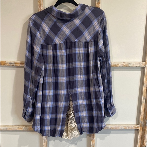 LOGO by Lori Goldstein Blue Plaid Button Down Shirt with Cream Lace - Picture 7 of 8